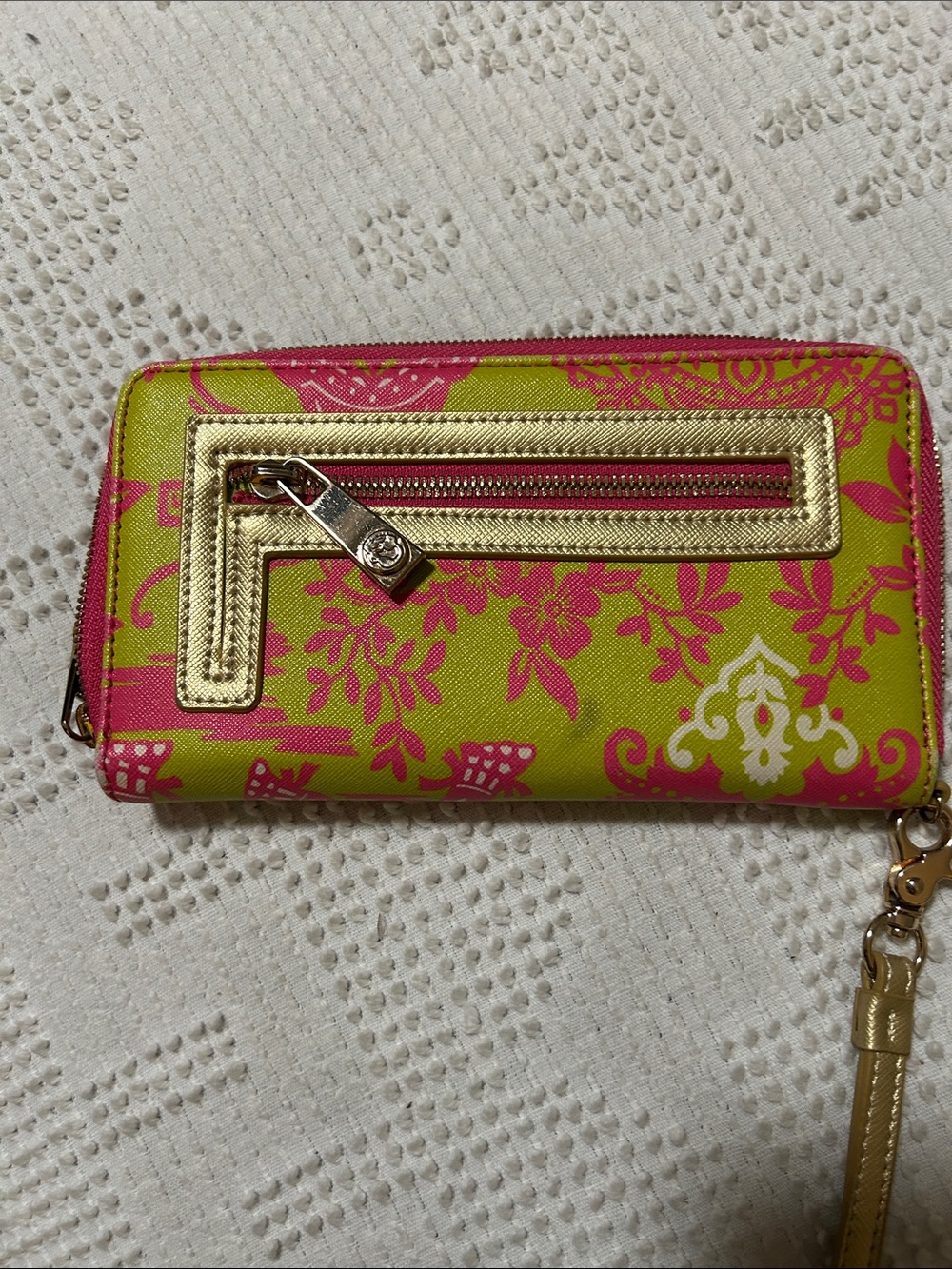 Spartina Tropical Elephant Tote Bag in Pink and Lime with wristlet - Picture 5 of 13